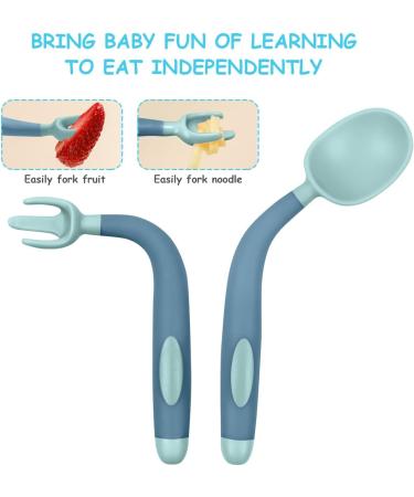 Vicloon Baby Utensils Spoon Fork Set - 4pcs Toddler Cutlery Feeding Set | Easy Grip Bendable Self Feeding Spoon Fork | Light Green-Blue Color - Buy Online on GoSupps.com