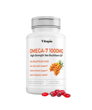 Omega 7 Sea Buckthorn Berry Oil 1000mg for Hair Skin Nails Heart Health Support - 34% Palmitoleic Acid & Natural Omega 3 6 9 Fatty Acids Supplement - 120 Capsules Non-GMO Gluten-Free 120 Softgels