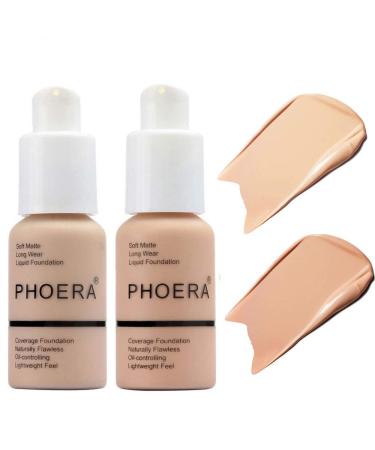 BestLand 2Pack PHOERA Foundation Full Coverage Liquid Foundation Cream - Long-lasting Lightweight Concealer - Oil-Free Formula - Natural Shade - Suitable for All Skin Types (102 Nude & 103 Warm Peach) - Buy Online on GoSupps.com