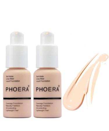 ABRUS - 2 Pack PHOERA Foundation - Flawless Soft Matte Liquid Foundation with 24 HR Oil Control and Concealer Full Coverage Makeup for a Smooth Long-Lasting Look Waterproof 30ml (102 Nude) 2 Pack - 102 Nude