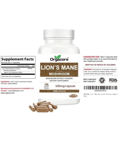 ORGACORE Real Lion s Mane Mushroom Extract Capsules (120 Count) Hericium Erinaceus with Beta Glucans Brain & Immune Support Supplement for Memory Focus & Overall Cognitive Health - Buy Online on GoSupps.com