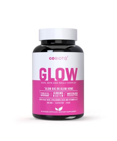 GOBIOTIX Glow Hair + Skin + Nails Multivitamin Supplement - 10 000mcg Biotin Pills - Antioxidant with Hyaluronic Acid Folic Acid Iron Magnesium + Zinc - Boosts Collagen Production 90 Capsules