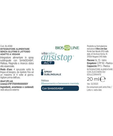  Bios Line BIOS LINE VitaCalm Ansistop ACT Dietary supplement for relaxation and mental well-being gluten and lactose free 20 ml sublingual spray - Buy Online on GoSupps.com