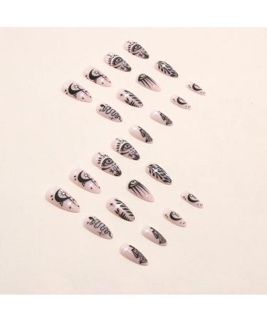 Justotry 24 Pcs Snake and Star Pattern Black French Press on False Nails - Medium Almond Shape with Nail Glue | Stick on Fake Nails for Women Nail Art - Buy Online on GoSupps.com