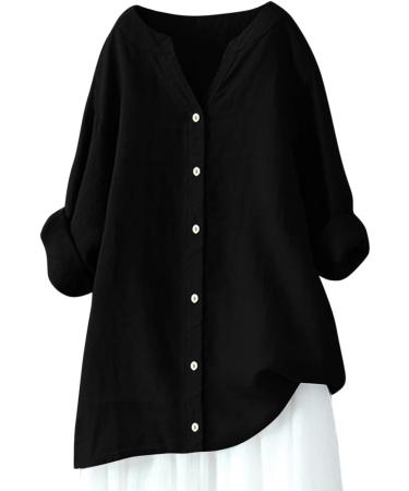 Womens Linen Shirts Casual Long Sleeve V-Neck Blouse Button Up Ladies Going Out Work Office Loose Fit Tunic Top Retro Summer Tee Tops 1068-qppoj-black-b 5XL - Buy Online on GoSupps.com