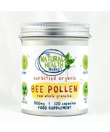 Organic Bee Pollen 500mg Capsules by The Natural Health Market Soil Association Certified Organic Non-GMO No Magnesium Stearate (120 Capsules) 120 Count (Pack of 1)