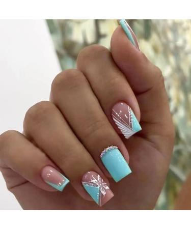 24 PCS Square Press on Nails Medium Pink Fake Nails White Blue Nail Tips False Nails with Glue Rhinestone Glue on Nails Artificial Acrylic Nails Full Cover Glossy Stick on Nails for Women Girls Style 9