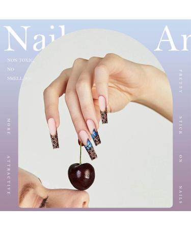 Buy Vatocu Long Matte False Nails - Butterfly & Leopard Print Acrylic Stick-On Nails for Women & Girls (24pcs) - Buy Online on GoSupps.com