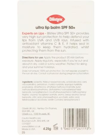 Blistex Ultra Lip Balm with SPF 50+ Lip Protection from UVA and UVB Rays - 4.25g (Pack of 12) 1 count (Pack of 12) - Buy Online on GoSupps.com