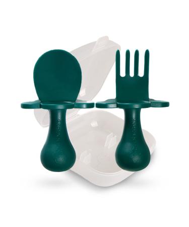 Grabease Baby and Toddler Self-Feeding Utensils Spoon and Fork Set for Baby-Led Weaning Made of Non-Toxic Plastic Featuring Protective Barriers to Prevent Choking and Gagging Forest Green
