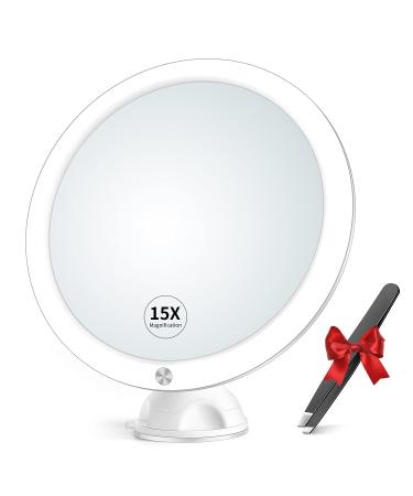 15x Magnifying Mirror with Light & Tweezers - Lighted Makeup Mirror with Strong Magnification for Precise Makeup, Plucking, Lighted Magnified Mirror w/Suction Cup for Bathroom, Dual Power , 8" White