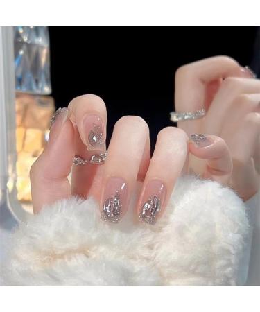 24Pcs/Set Press On Nails Autumn Winter Short Ice Gray Sparkling Diamonds Patch False Nails Acrylic Fake Nails Full Cover Nails Tips Artificial Finger Manicure Press on nails for Women and Girls - Buy Online on GoSupps.com