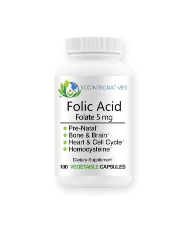 EcoIntegratives Folic Acid Folate 5mg (B9) Prenatal Reproductive Health Homocysteine Metabolism Cardiovascular Bone Immune Support Allergen Free Non GMO - 100 Vegan Capsules