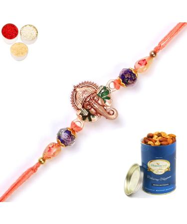 Ghasitaram Gifts Rakhi for Brother Rakhis Online - L-1 Ganesha Rakhis with 100 GMS of Dryfruits Mix Can Rakhi with 100 gms of Dryfruits Mix Can