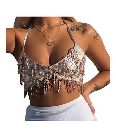 Wuchieal Women's Belly Dance Costume Sequin Bra Tassel Top with Chest Party Club Wear Bra Top One Size Apricot
