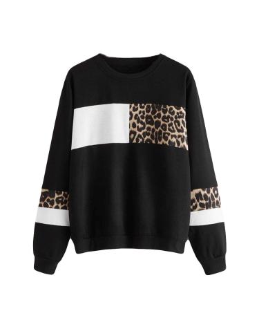Bigfanshu Women's Dresses Leopard Print O-Neck Blouse Tops Cotton Long Sleeve Sweatshirt Black
