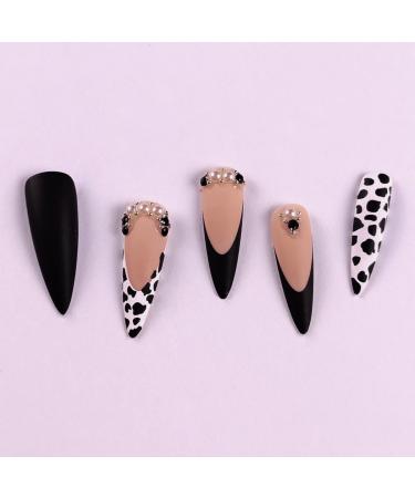 Justotry 24-Piece Cow Print Stiletto Press-On Nails | Black French Artificial Nails & Matte Almond Art | Trendy Fingernails for Women - Buy Online on GoSupps.com