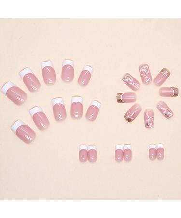 24Pcs French White Press on Nails with Heart Design - Short Medium Square Glitter Fake Nails for Women & Girls | Perfect for Daily Wear & Weddings - Buy Online on GoSupps.com