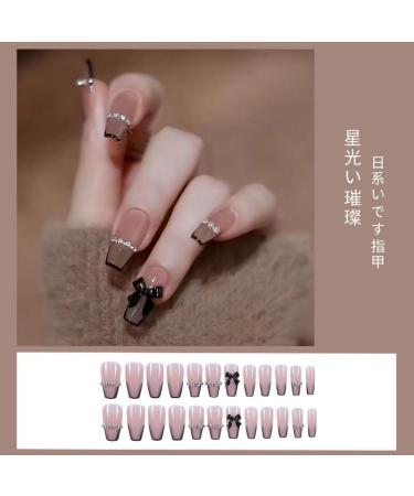 French Tip Press on Nails - Mid length Press On Nails with Nail Tips Black French chain bow Design Glossy Naked color press on nails Acrylic False Nails Cute Artificial Nails - Buy Online on GoSupps.com