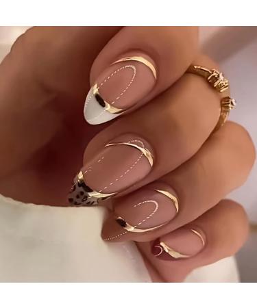 Short Press on Nails Almond French Tip Fake Nails White Brown Acrylic False Nails with Gold Foil Leopard Designs Glossy Artificial Nails Glue on Nails for Women Girl DIY Brown Gold White