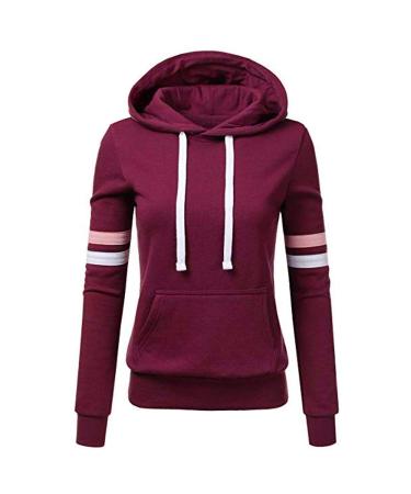 Bigfanshu Womens Hoodie Sweatshirts Ladies Hoodies Stripe Long Sleeve Blouse Hooded Pocket Pullover Tops Shirt Wine Red