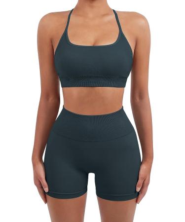 SUUKSESS Women Seamless Workout Set | High Waist Booty Shorts & Strappy Sports Bra | Deep Green | Size 2-4 - Buy Online on GoSupps.com