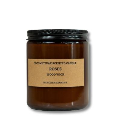 Coconut Wax Scented Candle - Wood Wick - Paraffin Free - Long Lasting - Crackle - Essential Oils - Smoke Free - (Roses 8 Oz.) Roses 8 Oz.