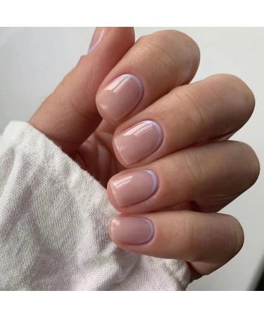 French Tip Press on Nails - Short Press On Nails with Nail Tips Purple edged French nake color fake nails press on nails Acrylic False Nails Cute Artificial Nails