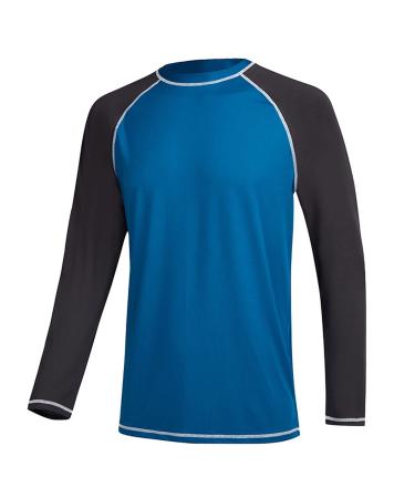 Men's Long Sleeve Swim Shirts Rashguard UPF 50+ UV Sun Protection Shirt Athletic Workout Running Hiking T-Shirt Swimwear 01- T1 Peacock Blue + Charcoal Grey Large