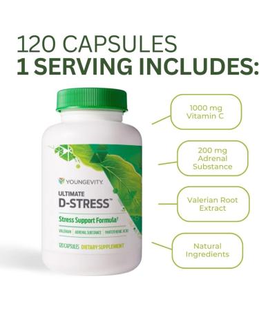 Youngevity Ultimate D-Stress Natural Stress Relief Supplement with Magnesium Valerian Root Extract and B Vitamins Supports Adrenal Health and Nervous System 120 Capsules (Pack of 1) - Buy Online on GoSupps.com
