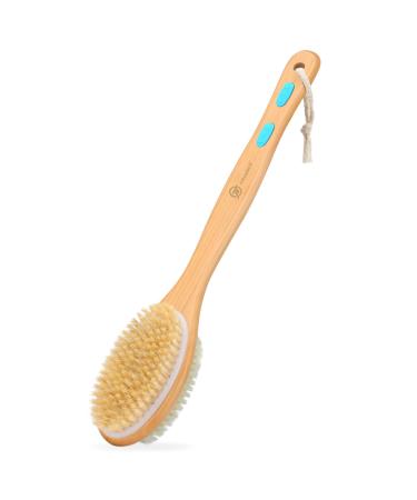 FREATECH Back Scrubber 44cm Long Wooden Bath Shower Brush Double-Sided Exfoliating Body Brush with Soft & Stiff Natural Bristles for Wet/Dry Brushing Remove Dead Skin Acne and Unclog Pores Blue