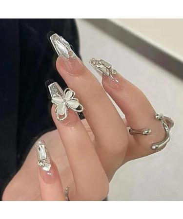Long Press on Nails French Tip Fake Nails with 3D Butterfly Rhinestones Designs Glossy Full Cover Acrylic Nails for Women 1 - Buy Online on GoSupps.com