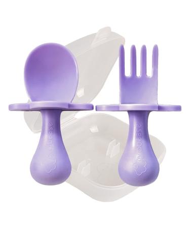 Grabease Baby and Toddler Self-Feeding Utensils Spoon and Fork Set for Baby-Led Weaning Made of Non-Toxic Plastic Featuring Protective Barriers to Prevent Choking and Gagging Lavender