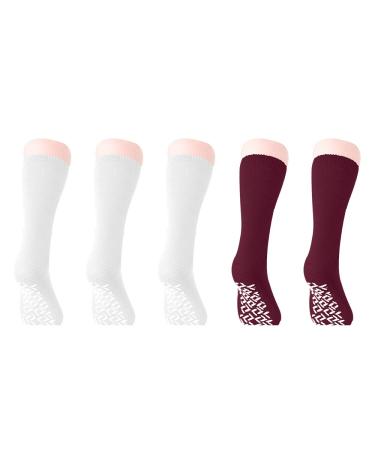 Non Slip Anti Skid Yoga Pilates Hospital Slipper Socks with Gripper Bottoms Mid Calf 5 Pairs (3 White 2 Maroon)