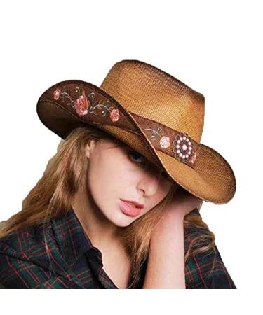 Cowboy Hats for Women, Brown Cowgirl Hats Classic Straw Western Hats for Women Music Festival Party Beach.