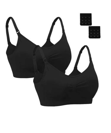 Dreamburn Maternity Nursing Bra Wireless Seamless Comfortable Breastfeeding Bras 4 Rows Adjust Hook with Removable Spill Prevention Pads Add Extenders XL 2*black Style1