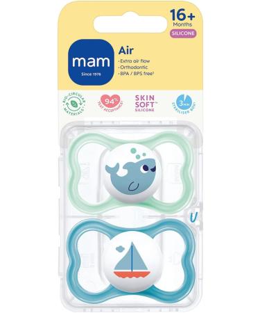 MAM Air Soothers 16+ Months (Pack of 2) Baby Soothers with Sterilisable Travel Case Baby Essentials Blue/Cream (Designs May Vary) Blue 1 12+ M Soother - Buy Online on GoSupps.com