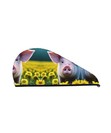 Rape Flower Pig Coral Velvet Dry Hair Cap Caps with Buttons for Drying Curly Long & Thick Hair Anti Frizz