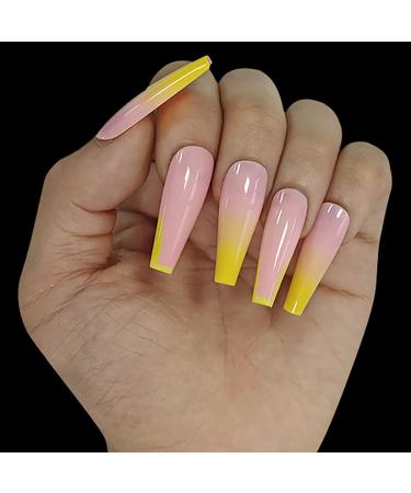 Sethexy long shiny ballerina false fingernails French coffin acrylic art nail tip 24st yellow nails with glue complete cover press false nails for women and girls