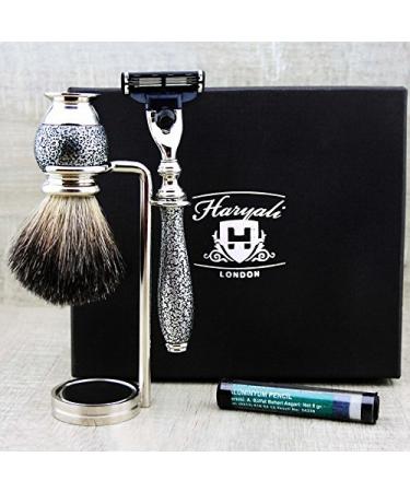 Mens Grooming & Shaving Kit 3 Edge Razor With Black Badger Hair Shaving Brush Stand and Alum Pencil Perfect Set For Men