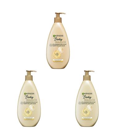 Garnier Nourishing oil milk/body oil with 4 valuable oils: argan macadamia almond rose for dry skin greases do not stick Oil Beauty 3 Pack- 400ml 400 ml (3-pack) nourishing oil milk