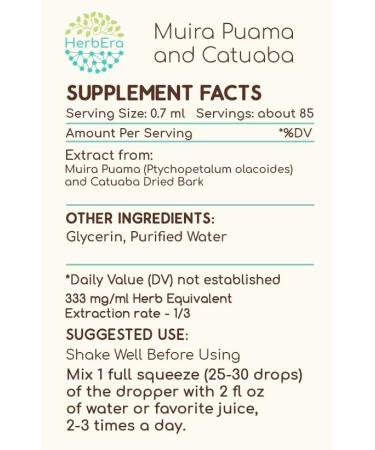 HerbEra Muira Puama and Catuaba B60 Alcohol-Free Herbal Extract Tincture, Concentrated Liquid Drops Natural (Ptychopetalum Olacoides and Trichilia catigua, Erythroxylum vacciniifolium) 2 fl oz 2 Fl Oz (Pack of 1) - Buy Online on GoSupps.com