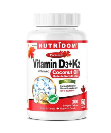Nutridom Vitamin D3 + K2 1000IU/120MCG | MK-7 K2 with Cholecalciferol D3 in Coconut Oil | Helps Support Bones Teeth and Immune Function | Non-GMO Gluten-free and Dairy-free (300 Count) 300 count (Pack of 1)