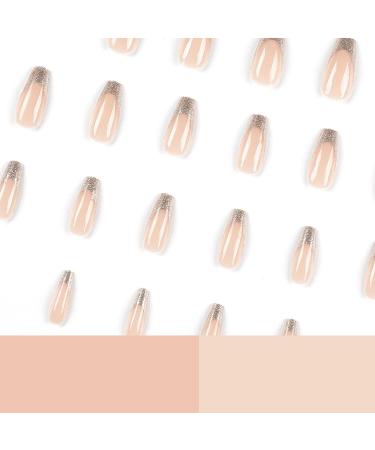 Kamize Coffin Press On Fake Shiny Nails - 24PCS Acrylic Gold False Nude Nails for Women and Girls - Style4 - Buy Online on GoSupps.com