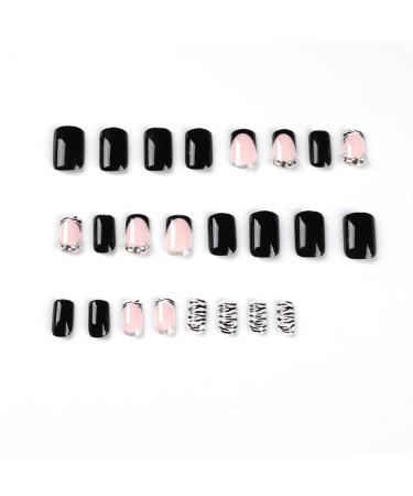 Zebra Design French Tip Square Press On Nails with Rhinestones - Medium Length False Nails for Women & Girls | Acrylic Full Cover Stick On Nails - Style 5 - Buy Online on GoSupps.com