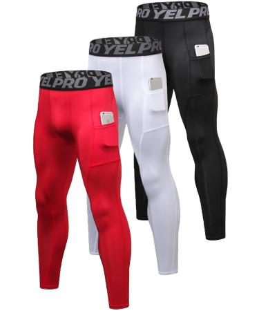 Queerier 3 Pack Men's Compression Pants Active Athletic Leggings with Pockets Running Baselayer Tights Cycling Workout Pants Black+white+red Large