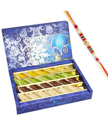 Ghasitaram Gifts Rakhi Gifts for Brothers Rakhi Sweets - Pure Assorted Kaju Katlis 800 GMS with Beads Rakhi