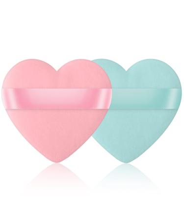 Powder Puff Start Makers Heart-Shaped Makeup Puffs Soft & Reusable Velvet Makeup Sponge Puffs with Strap Wet Dry Use Face Make Up Puffs for Loose Powder Foundation (2PCs-Pink+Green) 6.0 grams