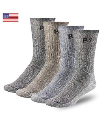 People Socks Men's Women's Merino wool crew socks 4 pairs 71% premium with Arch support Made in USA Large Large 2 X Charcoal Black, 1x Navy, 1 X Brown