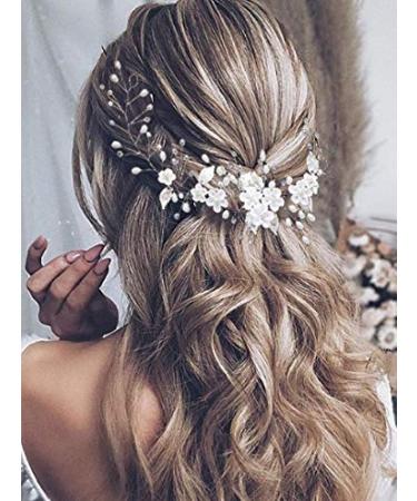 Vakkery Wedding Flower Hair Vine Pearl Headband Bridal Leaf Headpiece Bride Hair Accessories for Women Girls Bridesmaids (Gold)